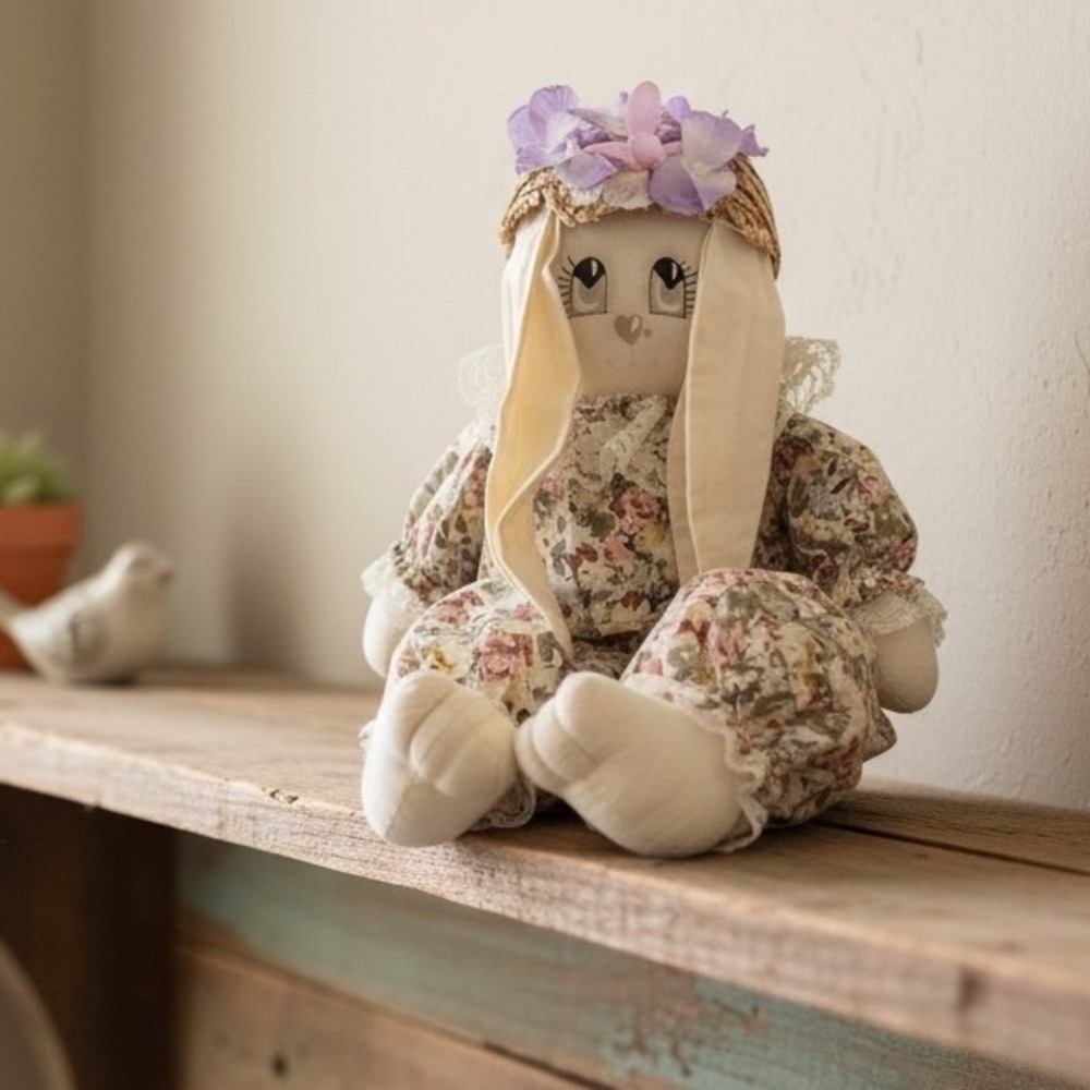 Vintage House of Lloyd Bunny Doll Floral Romper Straw Hat 15 InchL‎